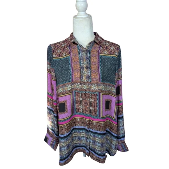 Rose + Olive patchwork Print Multicolor Teal/Purple/ Brown Blouse Sz S - Picture 7 of 9